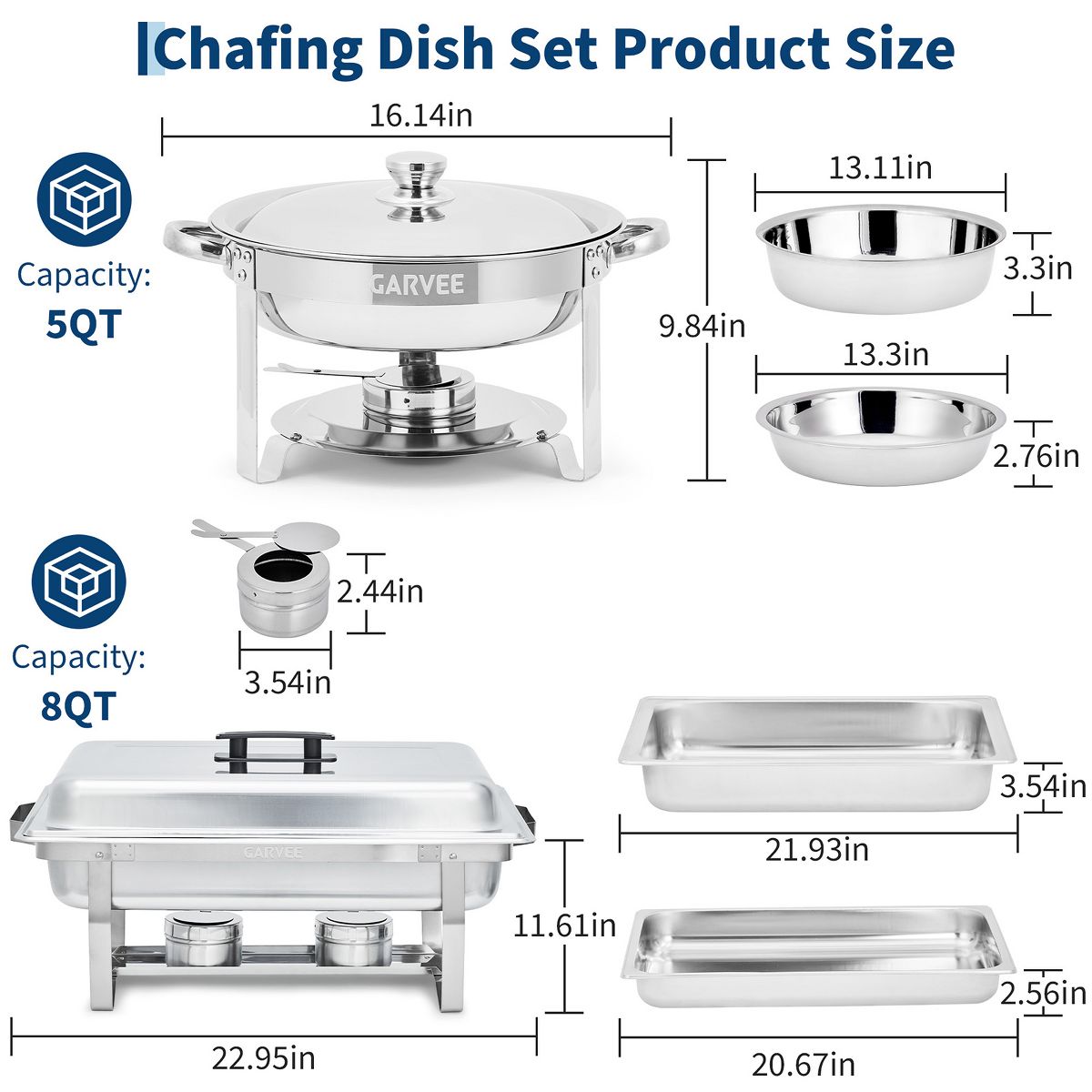 Chafing Dish Buffet Set, 8 Qt Rectangle & 5 Qt Round Stainless Steel Chafers and Food Warmer Sets with Lid, Food & Water Pan and Fuel Holder - thumbnail 4