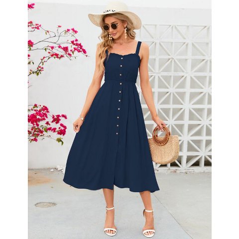 Женские платья Garvee Women's Dress Casual Summer Spaghetti Strap Dress Button Down Sleeveless A Line Beach Swing Midi Sundress Navy Blue Small