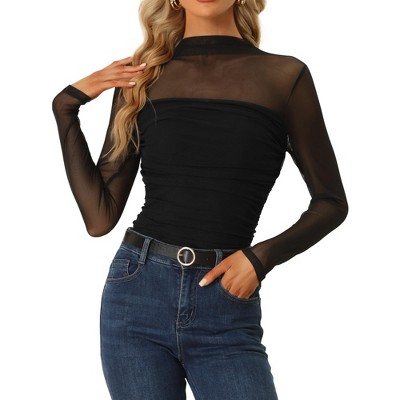 Long Sleeve Sheer Mesh Yoke Mock Neck Top Women's Comfort T-Shirt :  : Clothing, Shoes & Accessories