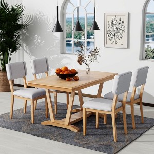 5 PCS Rustic Dining Table Set Farmhouse Dining Set Kitchen Table Set with 4 Upholstered Chairs, Natural/Walnut-Merax - 1 of 4