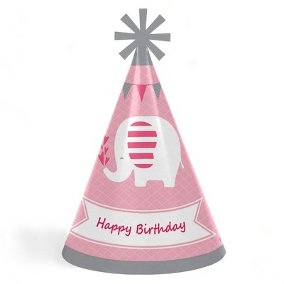 Big Dot of Happiness Pink Elephant - Cone Happy Birthday Party Hats for Kids and Adults - Set of 8 (Standard Size)