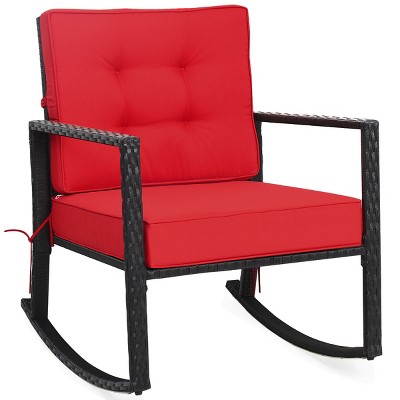 Red Wicker and Metal Outdoor Rocking Chair with Cushions