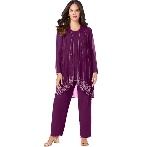 Roaman's Women's Plus Size Floral Beaded Pant Set - 1 of 4