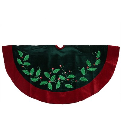 Northlight 48" Dark Green and Burgundy Holly Berry Christmas Tree Skirt with Red Velveteen Trim