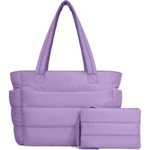 Puffer Tote Bag for Women, Lightweight Quilted Shoulder Bag with Compartments for Work, Travel, and Gym - 1 of 4
