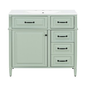 Gulches 36 in 18 in Undermount Rectangular Bathroom Sink in Green Solid Rubberwood MDF Ceramic with 4 Drawers Adjustable Shelf Metal Handles - 1 of 4