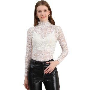 Allegra K Women's See-Through Long Sleeve Turtleneck Sheer Floral Lace Blouse - 1 of 4