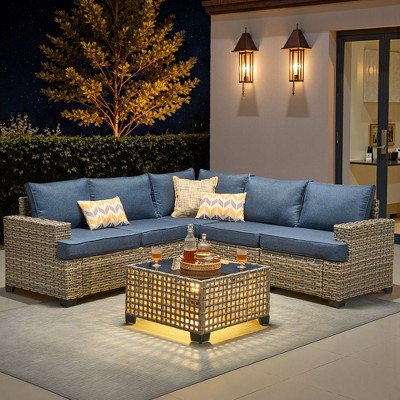 XIZZI All-Weather Rattan Furniture, Sectional Sets w/ Optional Solar Light-Up Coffee Table & Ottoman, Choose 6-9pc Configs in 8 Fade Resistant Colors