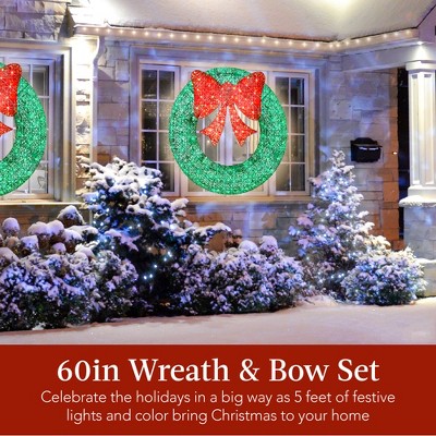 60-Inch Green and Red LED Outdoor Christmas Wreath with Bow