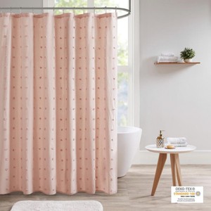 SEVOBAL Shower Curtain Cotton Jacquard Pom Pom Tufts for Shabby Chic Bathroom Decor, Pink, 72"*70"*0.13" - 1 of 4