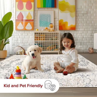 Chastin Beige and Gray Abstract Round Synthetic Rug