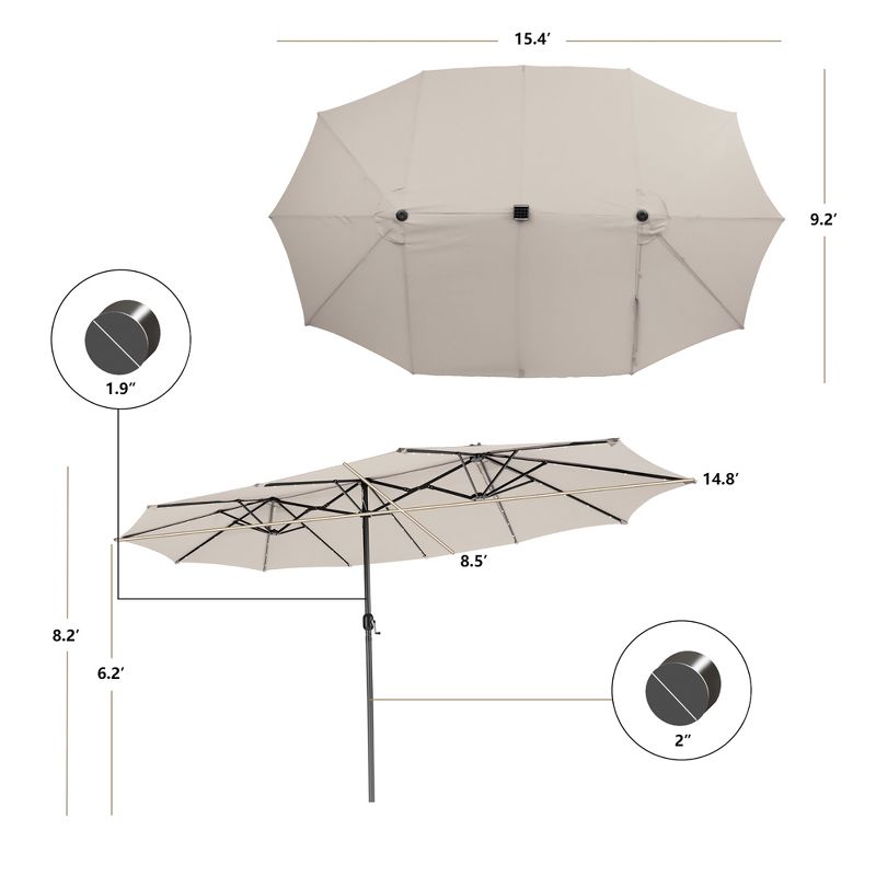 Costway 15FT Twin Patio Double-Sided Umbrella 48 Solar LED Lights Crank Outdoor Wine\Beige\Coffee\Orange, 4 of 11