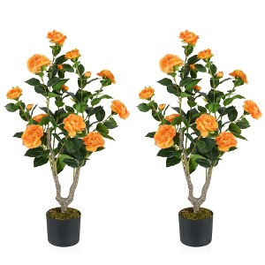 Costway 1/2 PCS 36" Artificial Camellia Tree Fake Potted Tree Greenery Floral Plant Modern Orange/White/Pink - 1 of 4