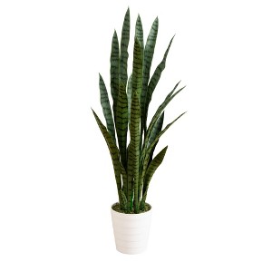 Nearly Natural 4-ft UV Resistant Artificial Sansevieria Snake Plant in White Decorative Planter (Indoor/Outdoor) - 1 of 4