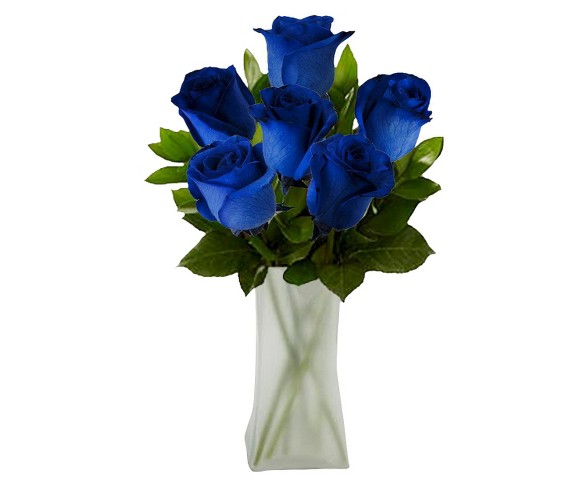 Fresh-Cut Fresh-Cut Blue Tinted Roses with Vase - 6 Stems