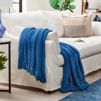Cerulean Blue Knitted Acrylic Throw Blanket with Tassels - 50" x 65"