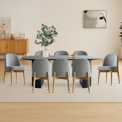 9-Piece Oval Dining Table Set, 79'' Pedestal Table with 8 Upholstered Linen Fabric Chairs, Modern Dining Room Furniture for 8-Maison Boucle