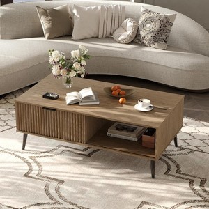 coucheta 2-Tier Coffee Table with Storage and Sliding Door, Large Rectangle Modern Cocktail Table with Solid Wood Legs, for Living Room, Office - 1 of 4