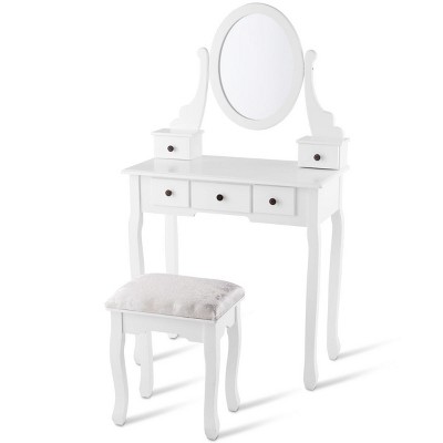 Tangkula Removable Mirror Vanity Table Unit Makeup Set w/ Padded Stool & 5 Dawers White