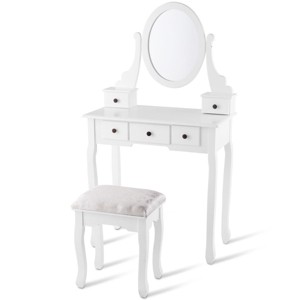 Tangkula Removable Mirror Vanity Table Unit Makeup Set w/ Padded Stool & 5 Dawers White - 1 of 4