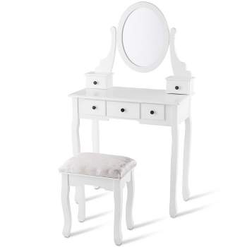 Tangkula Removable Mirror Vanity Table Unit Makeup Set w/ Padded Stool & 5 Dawers White