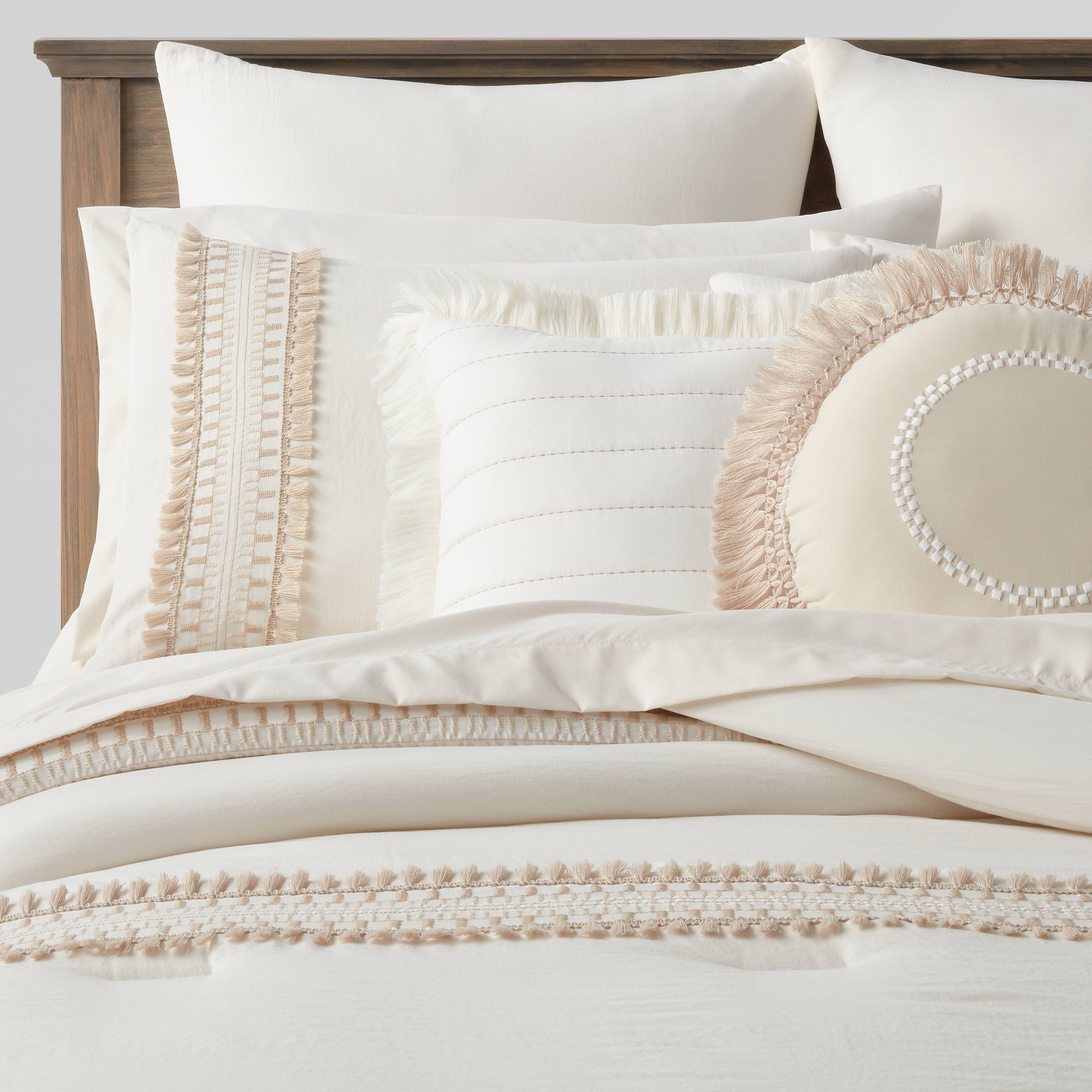 12pc King Embroidered Fringe Stripe with Tassels Comforter & Sheet Bedding Set White/Natural - Threshold™