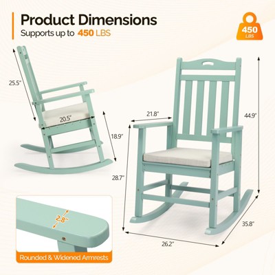 Product dimensions of the wooden rocking chair and stand-alone image of chair