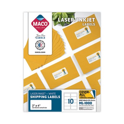 MACO Cover-All Opaque Laser/Inkjet Shipping Labels, Inkjet/Laser Printers, 2 x 4, White, 10 Labels/Sheet, 100 Sheets/Box