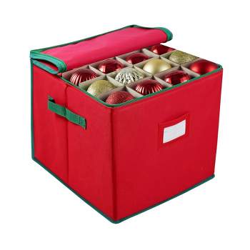 Red Christmas Oxford Ornament Storage Box Adjustable Dividers, Hold Up to 64 Ornaments Balls Accessories, Container with Zippered Closure