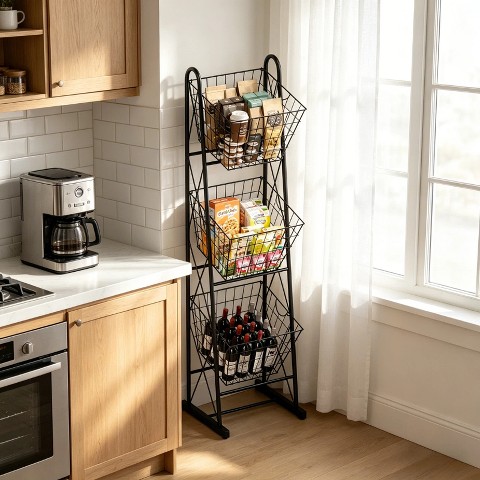 LauKingdom 3-Tier Kitchen Storage Basket Organizer, Freestanding Metal Wire Rack for Fruit, Vegetables, and Pantry Items