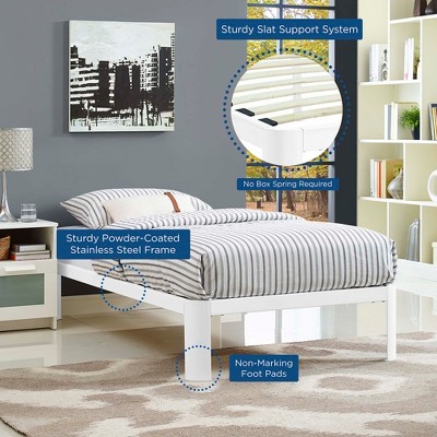 Sleek White Twin Metal Frame Bed with Wood Slats