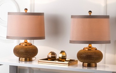 Alexis Copper Beaded Table Lamp Set with Taupe Shades