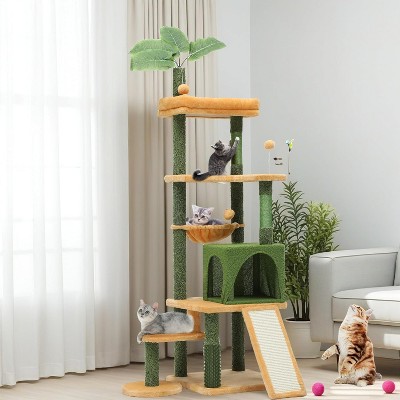 Cactus Cat Tree for Large Cats: 60" Tall with Self-Grooming Brush, Cute Kitten Climbing Tower for Indoor Kittens