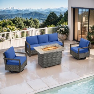 4 Pieces Patio Furniture Set with 41" Propane Fire Pit Table, Deep Seating Wicker Sofa Couch with Swivel Glider Chairs Set Patio Conversation Set - 1 of 4