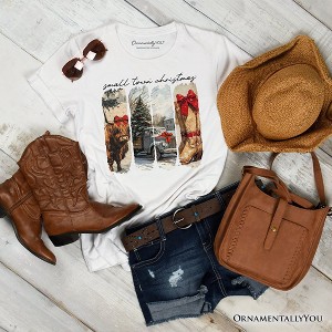 Small Town Christmas T‑Shirt, Highland Cow Rustic Western Cowgirl Holiday Tee White S - 1 of 4