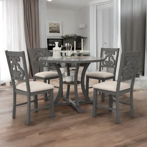 5-Piece Retro Round Dining Table Set with 4 Cushioned Chairs, Distressed MDF Top, Storage Shelf, and Unique Carved Back Design - 1 of 4