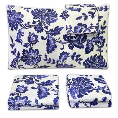 Tuscany Navy Floral King Cotton Polyester Bed Sheet Set