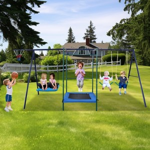 Gulches 4-in-1 Backyard Swing Set - Belt Swing, Hammock Swing, Trampoline & Basket Rim, Heavy Steel A-Frame, Adjustable Ropes, Easy Assembly - 1 of 4