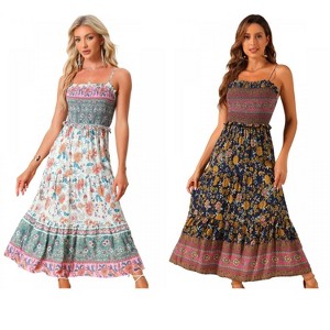 INSPIRE CHIC Women's Summer Spaghetti Strap A-Line Flowy Smocked Midi Boho Floral Sundresses 2 Packs - 1 of 4