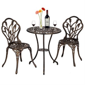 Antique Bronze Cast Aluminum Bistro Set 3-Piece - Ornate Garden Table & Lattice Chairs with Tulip Motifs - 1 of 4