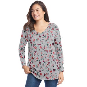 Woman Within Perfect Printed Long-Sleeve V-Neck Tee - 1 of 4