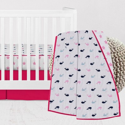 Bacati - Girls Nautical Muslin Whales Boat Pink Blue Navy 3 pc Crib Bedding Set