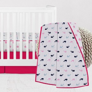 Bacati - Girls Nautical Muslin Whales Boat Pink Blue Navy 3 pc Crib Bedding Set - 1 of 4
