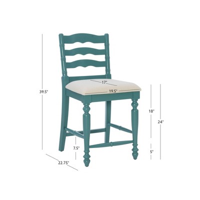 Antique Blue 24" Wood and Metal Counter Stool with Upholstered Seat