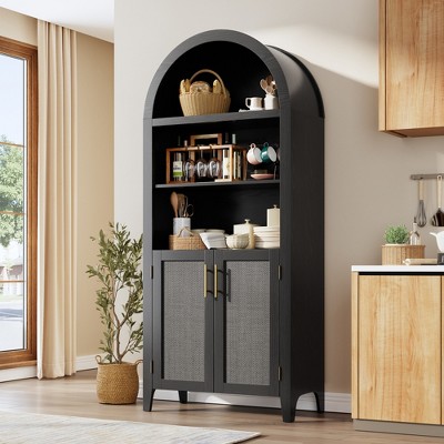 63'' Arched Pantry Storage Cabinet, Farmhouse 5 Tier Bookcase with Adjustable Shelf and 2 Glass/Rattan/Cross Doors, for Kitchen, Living Room, Bedroom