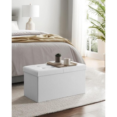 White Faux Leather 30" Folding Storage Ottoman Bench