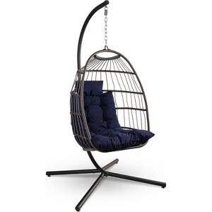 SereneLife SWC66DB.5 Hanging Egg Swing Chair with Stand - Rattan Wicker Egg-Shaped Swing, Waterproof Seat Cushion, and Headrest (Deep Blue) - 1 of 4