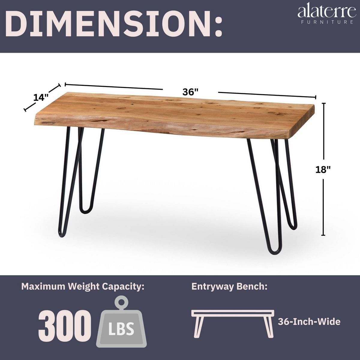 Alaterre Furniture 36" Hairpin Live Edge Bench: Industrial Mid-Century Modern, Metal & Acacia, 300 lb Capacity - thumbnail 5