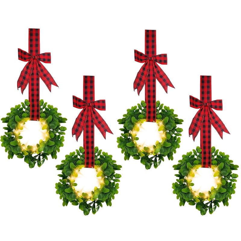 KOVOT Set of 4 Hanging Wreaths with Lights, Black & Red Plaid Ribbon Bow. Christmas Decoration for Cabinets, Chairs, Doors, Railings & Windows, 1 of 7