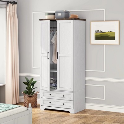 Brafabhome Modern Wood Armoire Wardrobe Closet with 2 Doors, Freestanding Wardrobe Clothes Cabinet with Drawers and Hanging Rod for Bedroom | White